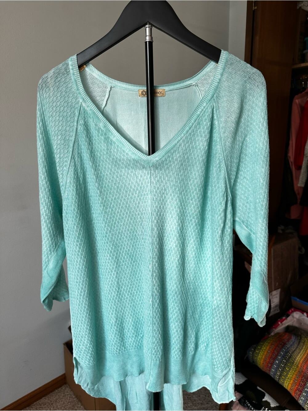 Democracy Mint Green Textured V-Neck High-Low Knit Sweater XL